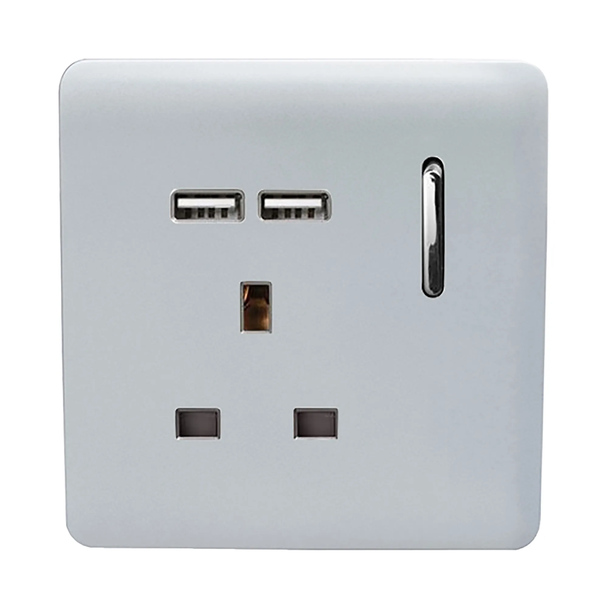 1 Gang 13Amp Switched Single Socket With 2 x USB Silver